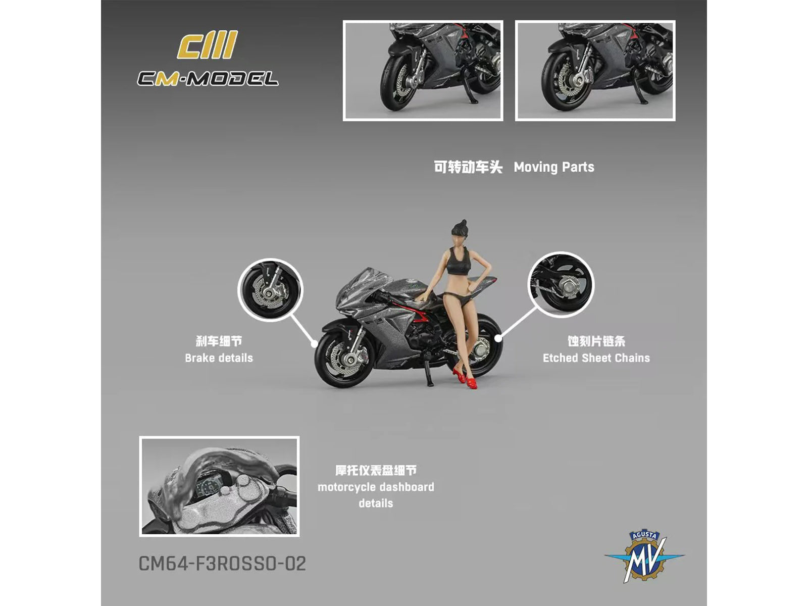 2022 MV Agusta F3 Rosso Motorcycle Silver Metallic with Figure 1/64 Diecast Model by CM Model - image 5