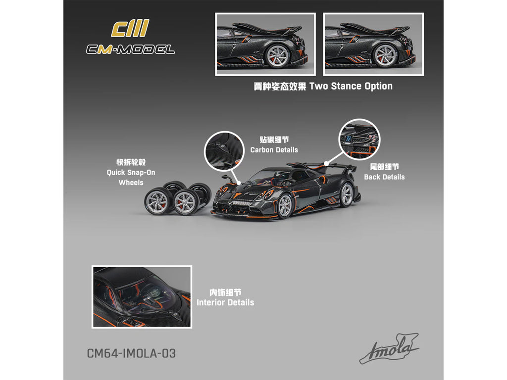 Pagani Imola Dark Gray Metallic with Carbon and Orange Accents with Extra Wheels 1/64 Diecast Model Car by CM Model - image 4