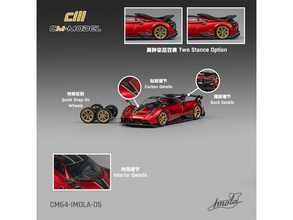 Pagani Imola Red Metallic with Carbon Top and Stripes with Extra Wheels 1/64 Diecast Model Car by CM Model - image 5