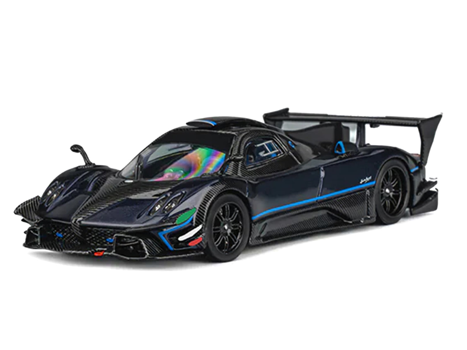 Pagani Zonda Revolucion Dark Blue Metallic and Carbon with Extra Wheels 1/64 Diecast Model Car by CM Model - image 2