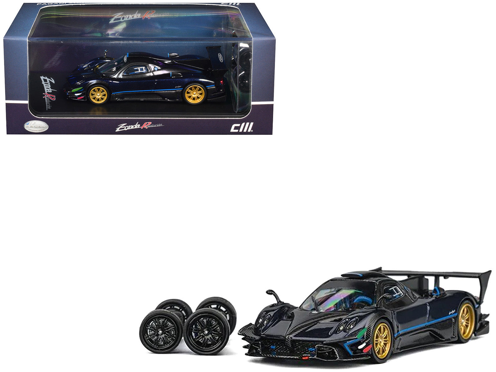Pagani Zonda Revolucion Dark Blue Metallic and Carbon with Extra Wheels 1/64 Diecast Model Car by CM Model