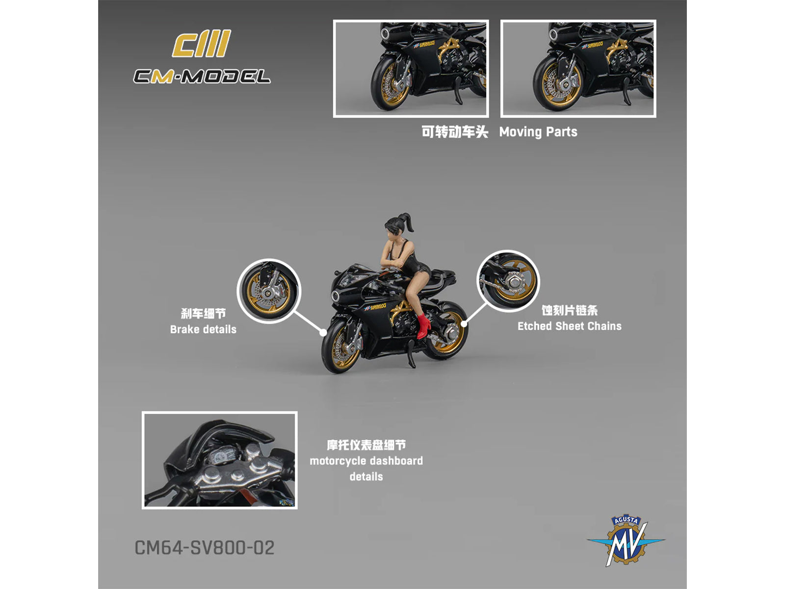 MV Agusta Superveloce 800 Motorcycle Black and Gold with Figure 1/64 Diecast Model by CM Model - image 5