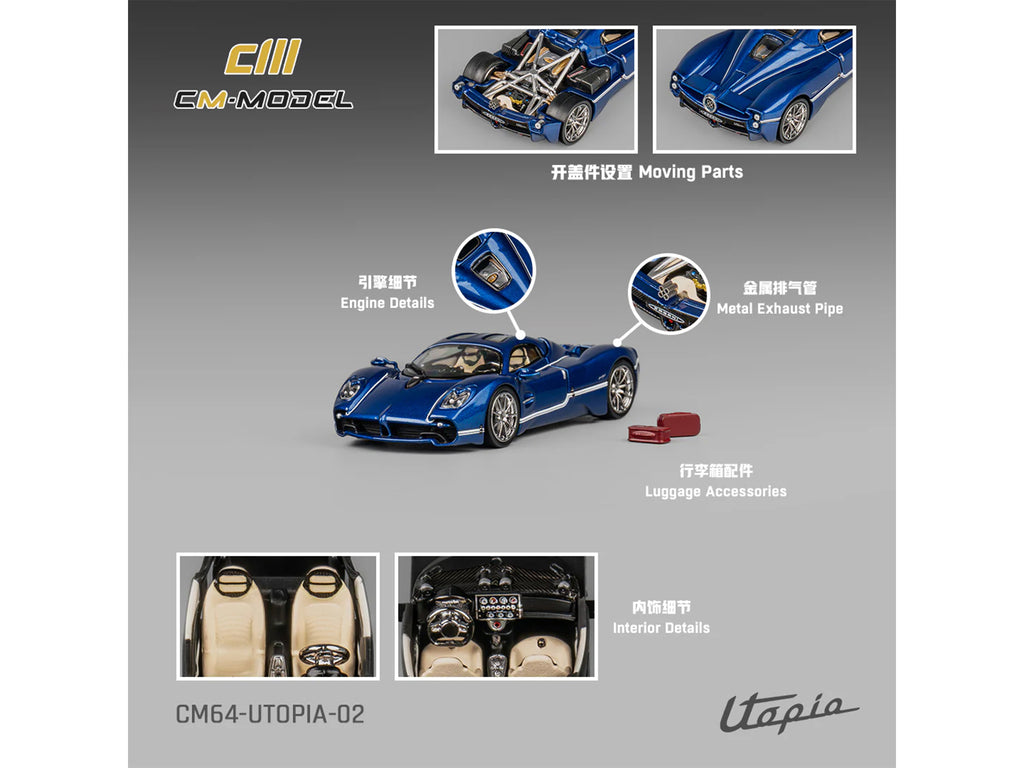 Pagani Utopia Blue Metallic with White Stripes 1/64 Diecast Model Car by CM Model - image 5