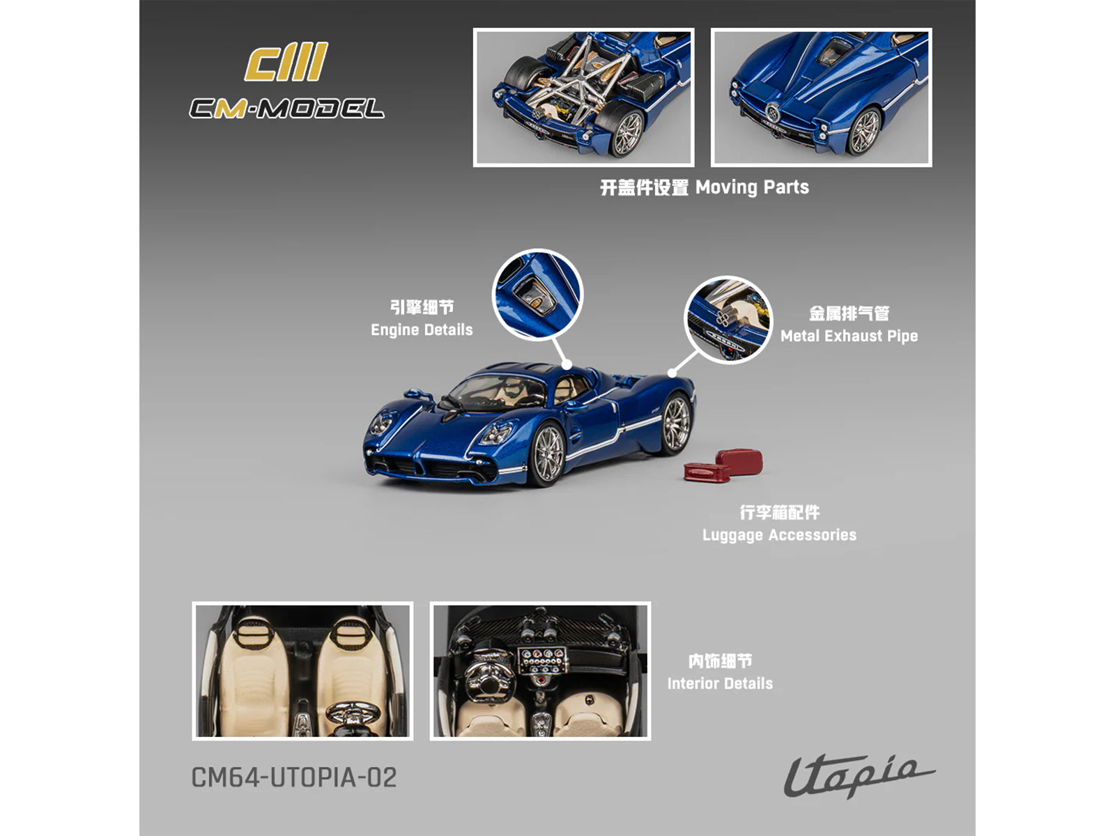 Pagani Utopia Blue Metallic with White Stripes 1/64 Diecast Model Car by CM Model - image 5