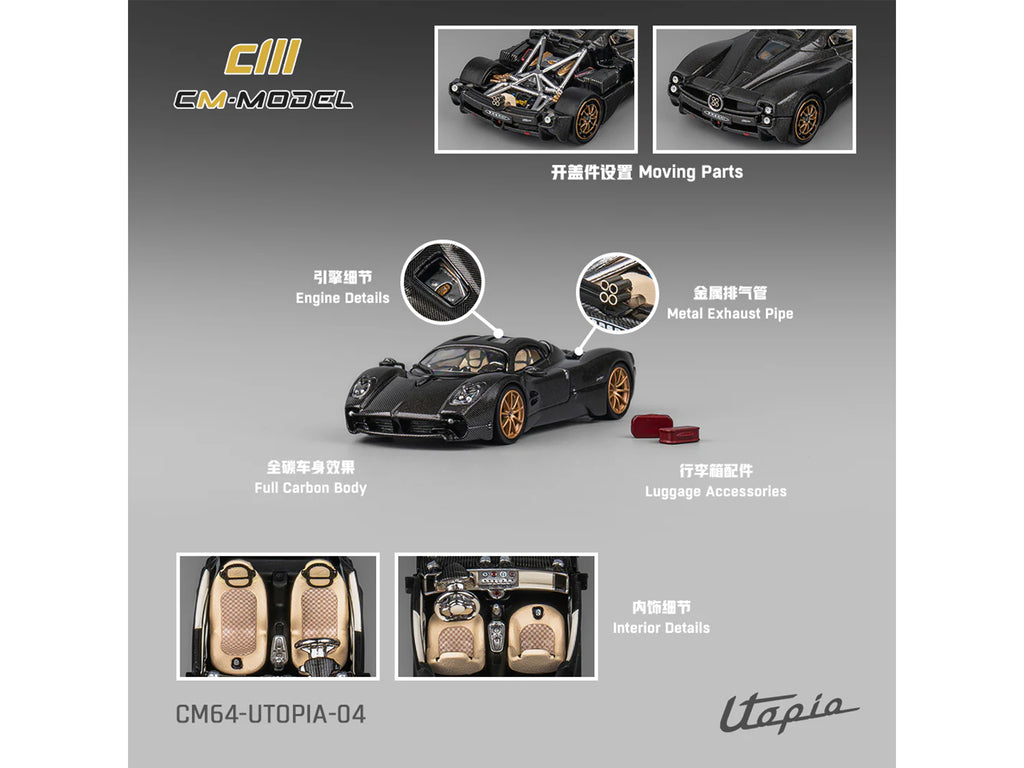 Pagani Utopia Full Carbon with Gold Wheels 1/64 Diecast Model Car by CM Model - image 5