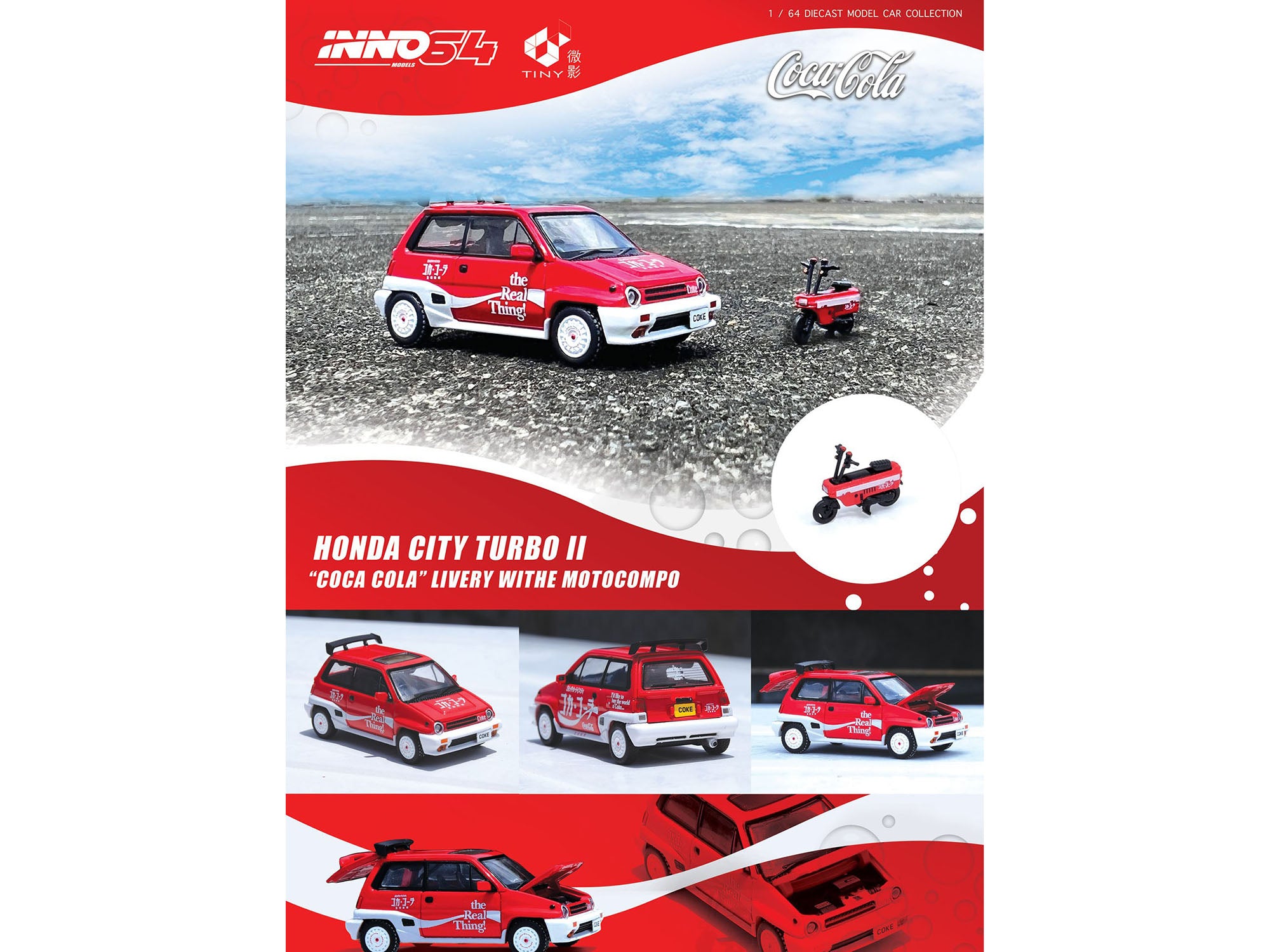 Honda City Turbo II RHD (Right Hand Drive) Red and White "Coca-Cola" with Honda Motocompo Scooter 1/64 Diecast Model Car by Inno Models - image 2