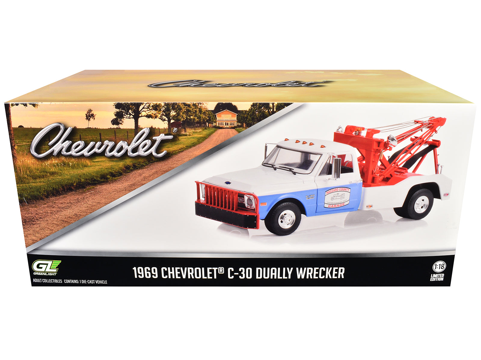 1969 Chevrolet C-30 Dually Wrecker Tow Truck White and Blue "Hazzard County Garage" 1/18 Diecast Model Car by Greenlight - image 3