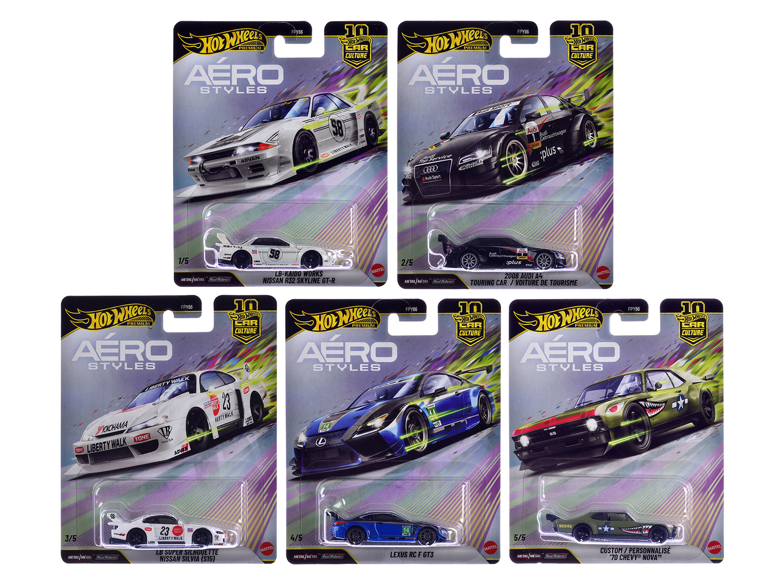 "Aero Styles" 5 piece Set "Car Culture 10th Anniversary" 2026 Series U Diecast Model Cars by Hot Wheels