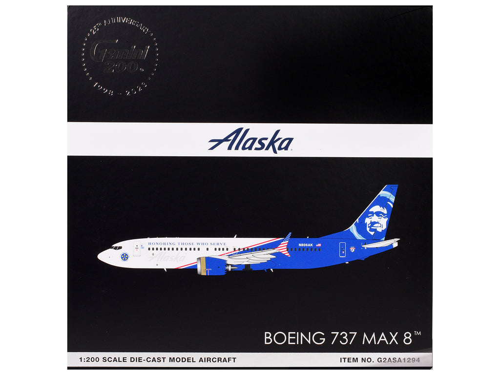 Boeing 737 MAX 8 Commercial Aircraft "Alaska Airlines - Honoring Those Who Serve" (N806AK) White and Blue "Gemini 200" Series 1/200 Diecast Model Airplane by GeminiJets - image 3
