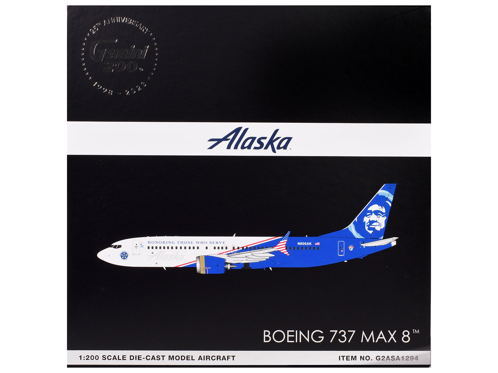 Boeing 737 MAX 8 Commercial Aircraft "Alaska Airlines - Honoring Those Who Serve" (N806AK) White and Blue "Gemini 200" Series 1/200 Diecast Model Airplane by GeminiJets - image 3