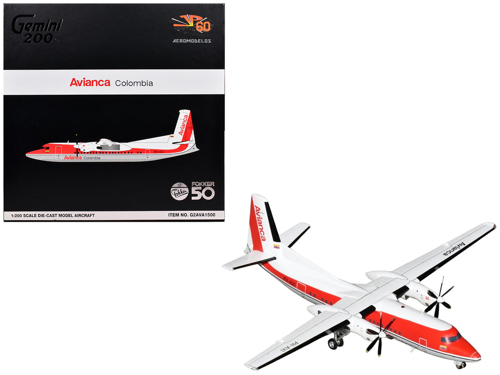 Fokker F50 Commercial Aircraft "Avianca Colombia" (PH-AVJ) White with Red Stripes "Gemini 200" Series 1/200 Diecast Model Airplane by GeminiJets