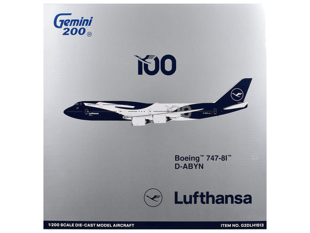Boeing 747-8I Commercial Aircraft "Lufthansa 100 Years" (D-ABYN) Dark Blue and White "Gemini 200" Series 1/200 Diecast Model Airplane by GeminiJets