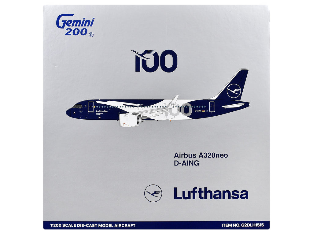 Airbus A320neo Commercial Aircraft "Lufthansa 100th Anniversary" (D-AING) White and Dark Blue "Gemini 200" Series 1/200 Diecast Model Airplane by GeminiJets - image 3