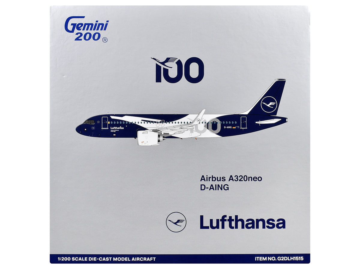 Airbus A320neo Commercial Aircraft "Lufthansa 100th Anniversary" (D-AING) White and Dark Blue "Gemini 200" Series 1/200 Diecast Model Airplane by GeminiJets - image 3