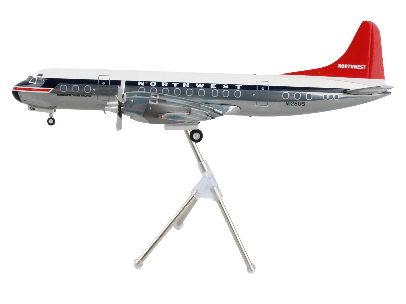 Lockheed L-188 Electra Commercial Aircraft "Northwest Orient" (N128US) White and Gray with Blue Stripes and Red Tail "Gemini 200" Series 1/200 Diecast Model Airplane by GeminiJets - image 2
