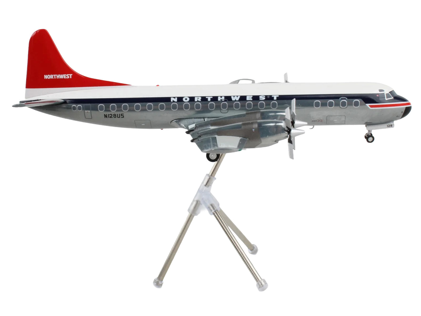 Lockheed L-188 Electra Commercial Aircraft "Northwest Orient" (N128US) White and Gray with Blue Stripes and Red Tail "Gemini 200" Series 1/200 Diecast Model Airplane by GeminiJets - image 3