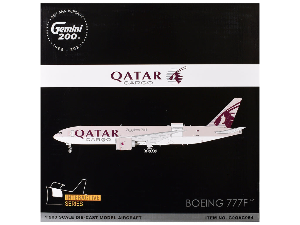 Boeing 777F Commercial Aircraft "Qatar Cargo" (A7-BFT) Gray with Tail Graphics "Gemini 200 - Interactive" Series 1/200 Diecast Model Airplane by GeminiJets - image 3