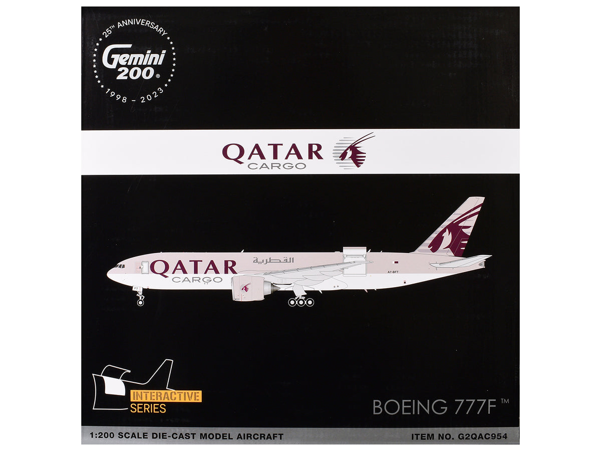 Boeing 777F Commercial Aircraft "Qatar Cargo" (A7-BFT) Gray with Tail Graphics "Gemini 200 - Interactive" Series 1/200 Diecast Model Airplane by GeminiJets - image 3