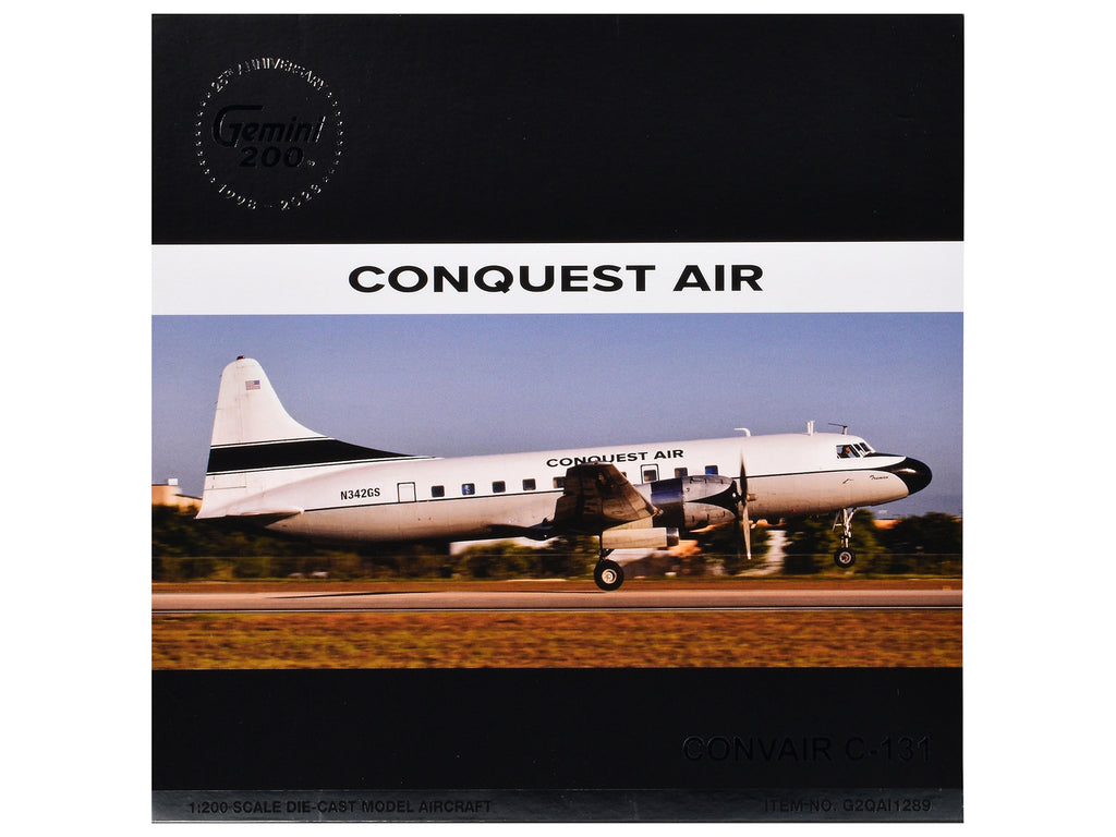 Convair C-131 Commercial Aircraft "Conquest Air Cargo" (N342GS) White with Black Tail Stripes "Gemini 200" Series 1/200 Diecast Model Airplane by GeminiJets - image 3