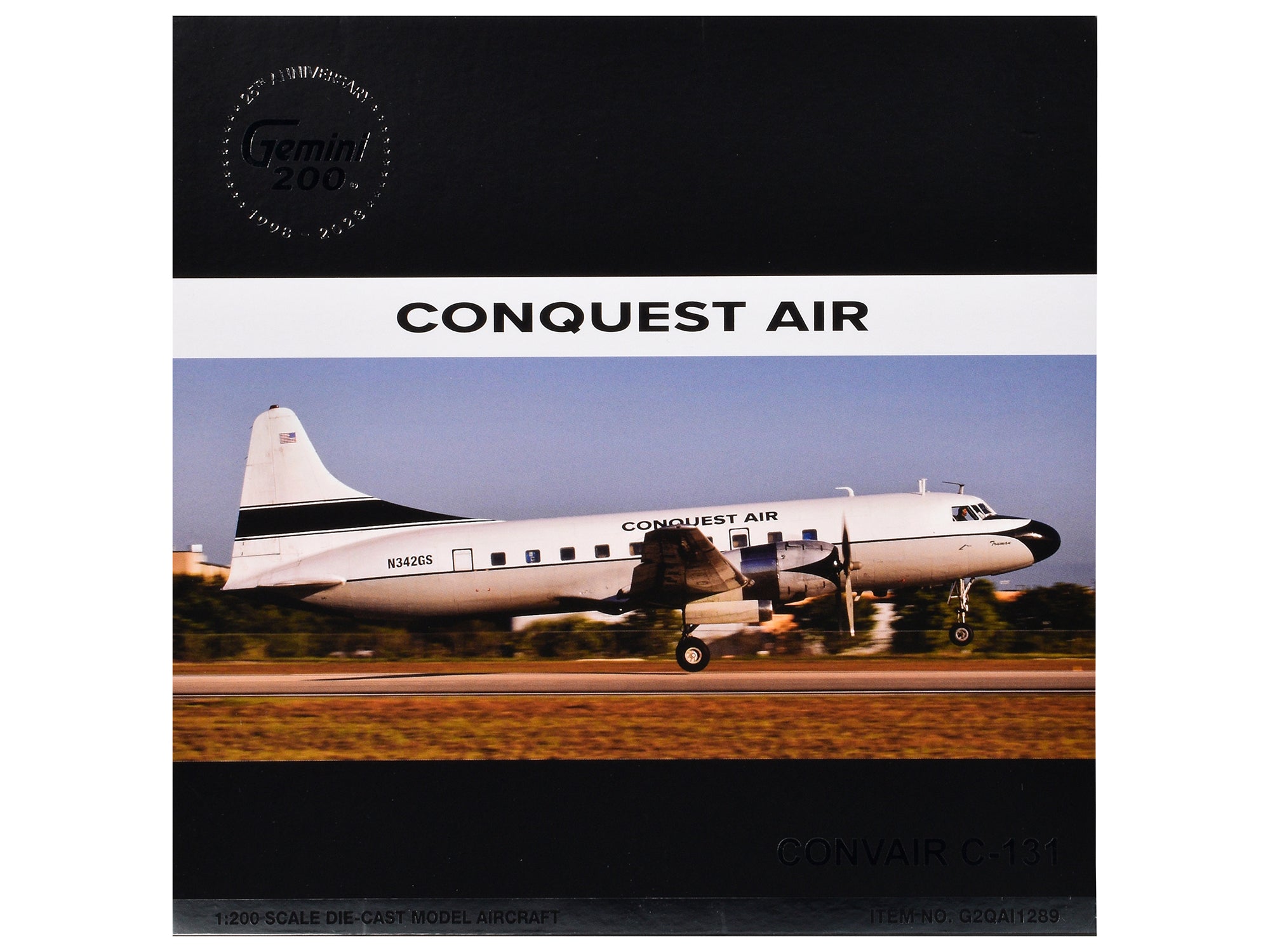 Convair C-131 Commercial Aircraft "Conquest Air Cargo" (N342GS) White with Black Tail Stripes "Gemini 200" Series 1/200 Diecast Model Airplane by GeminiJets - image 3