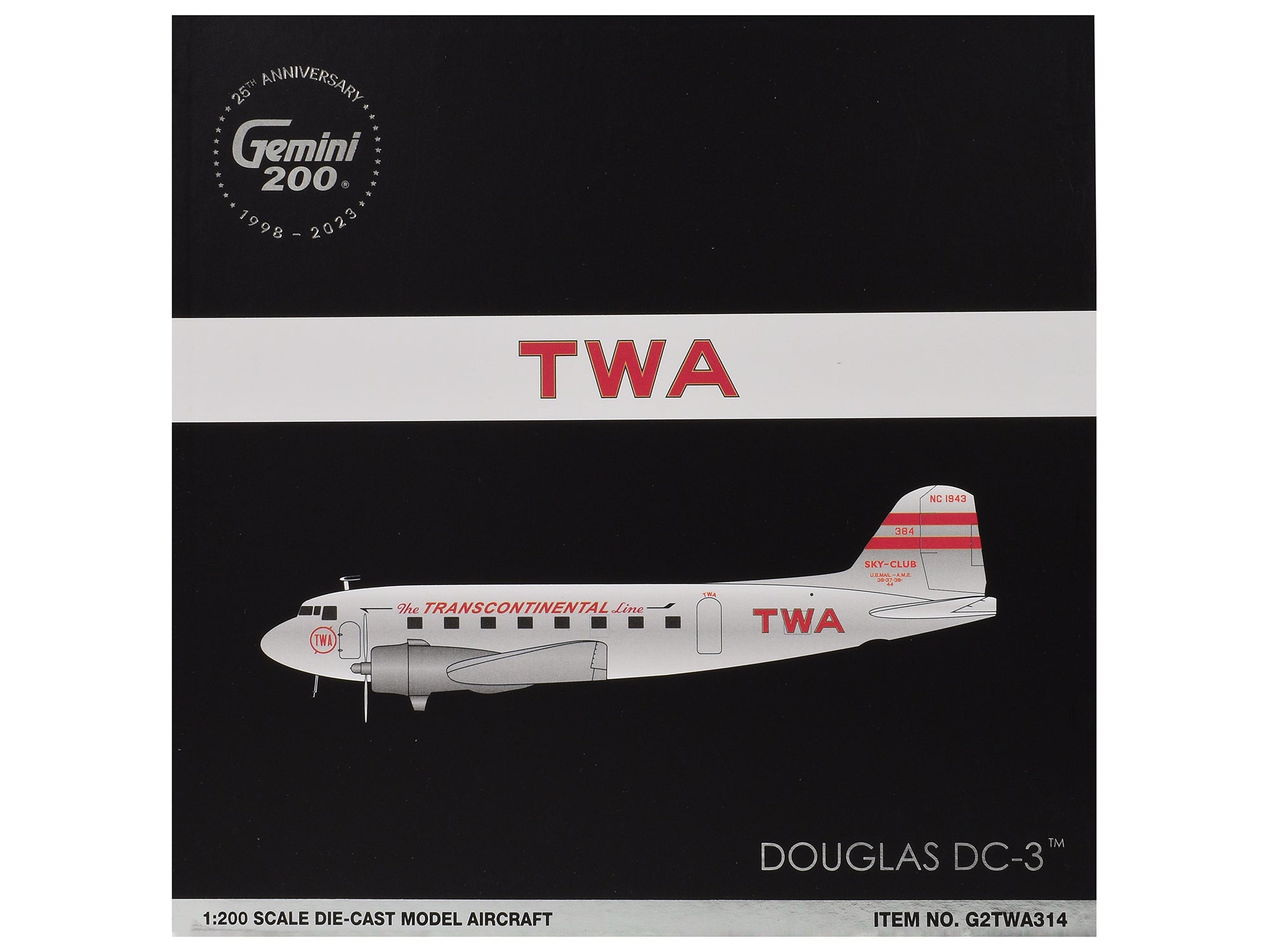 Douglas DC-3 Commercial Aircraft "TWA (Trans World Airlines)" (NC1943) Polished Metal Finish with Red Tail Stripes "Gemini 200" Series 1/200 Diecast Model Airplane by GeminiJets - image 3