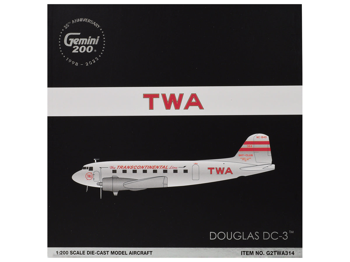 Douglas DC-3 Commercial Aircraft "TWA (Trans World Airlines)" (NC1943) Polished Metal Finish with Red Tail Stripes "Gemini 200" Series 1/200 Diecast Model Airplane by GeminiJets - image 3