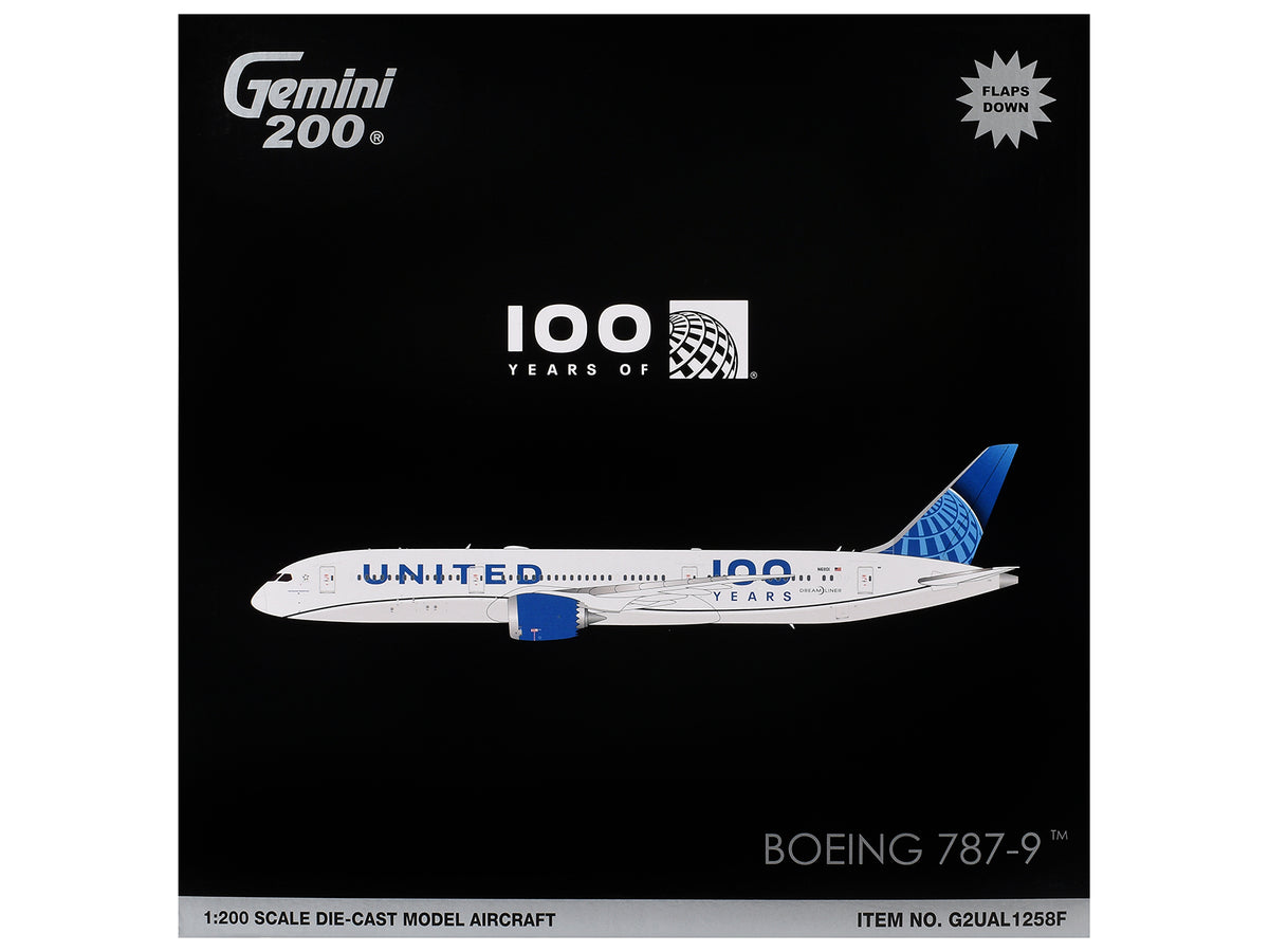 Boeing 787-9 Commercial Aircraft with Flaps Down "United Airlines 100 Years" (N61101) White with Graphics and Blue Tail "Gemini 200" Series 1/200 Diecast Model by GeminiJets - image 3