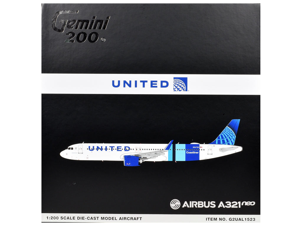 Airbus A321neo Commercial Aircraft "United Airlines Coastliner" (N94750) White with Blue Stripes "Gemini 200" Series 1/200 Diecast Model Airplane by GeminiJets