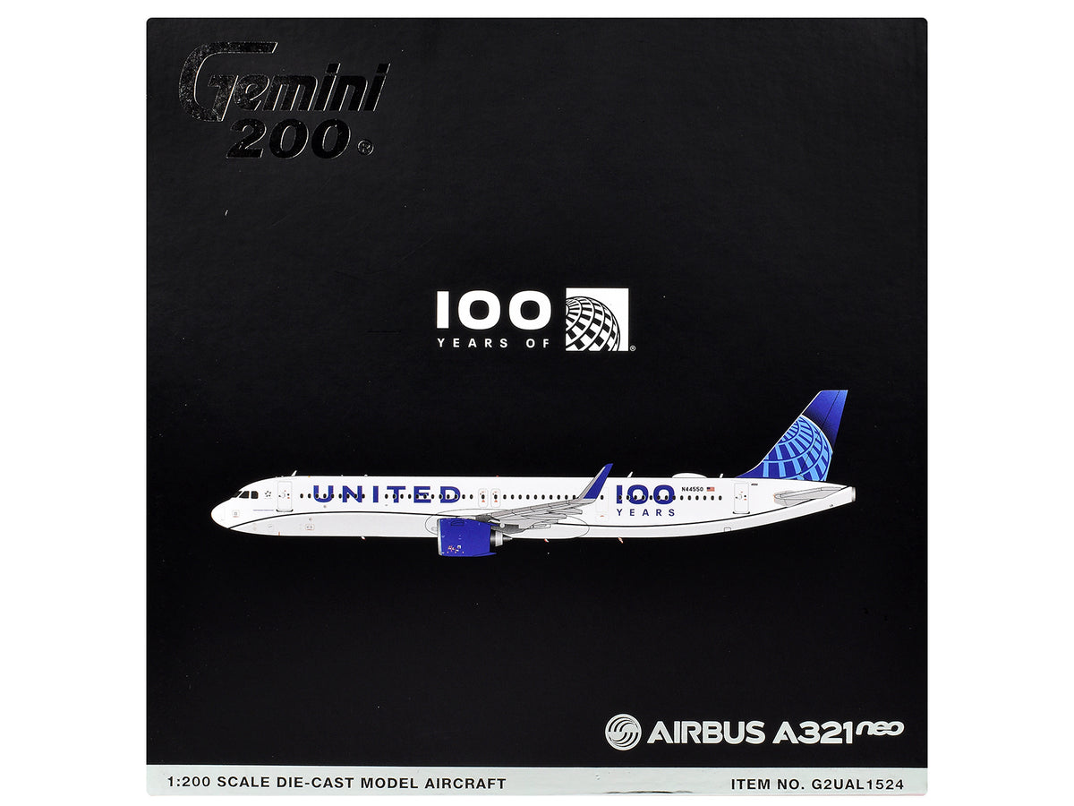 Airbus A321neo Commercial Aircraft "United Airlines 100th Anniversary" (N44550) White with Blue Tail "Gemini 200" Series 1/200 Diecast Model Airplane by GeminiJets - image 3