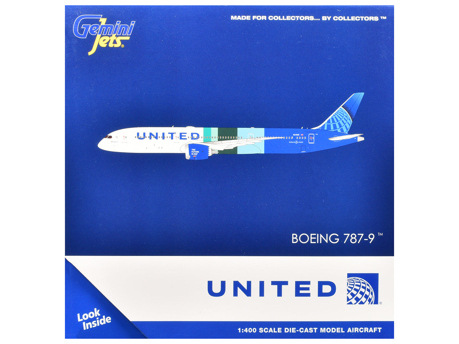 Boeing 787-9 Commercial Aircraft "United Airlines - The Future is SAF" (N24988) White and Blue with Stripes 1/400 Diecast Model Airplane by GeminiJets - image 3
