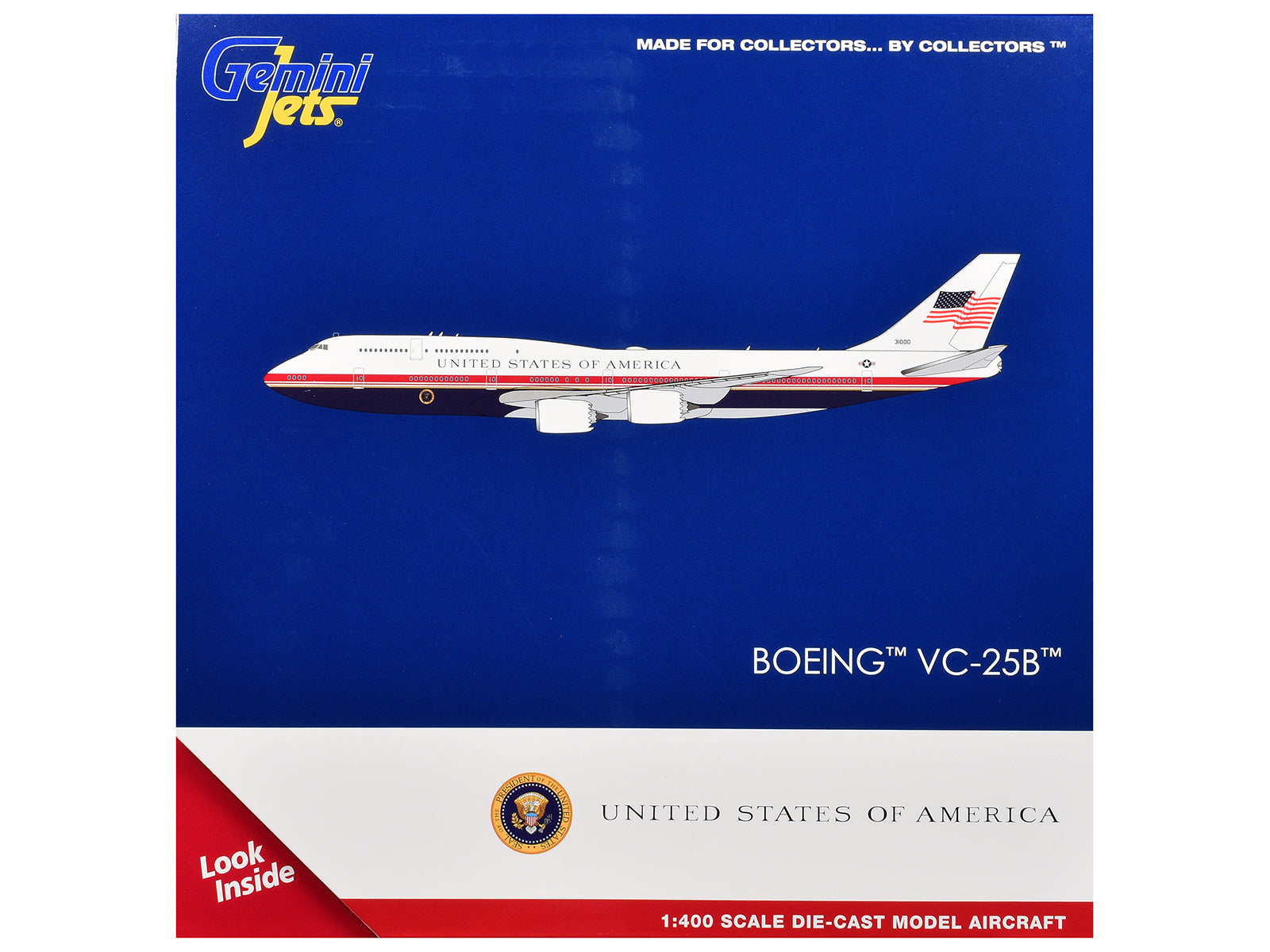 Boeing VC-25B Transport Aircraft "Air Force One - United States of America" (31000) White and Blue with Red Stripes 1/400 Diecast Model Airplane by GeminiJets