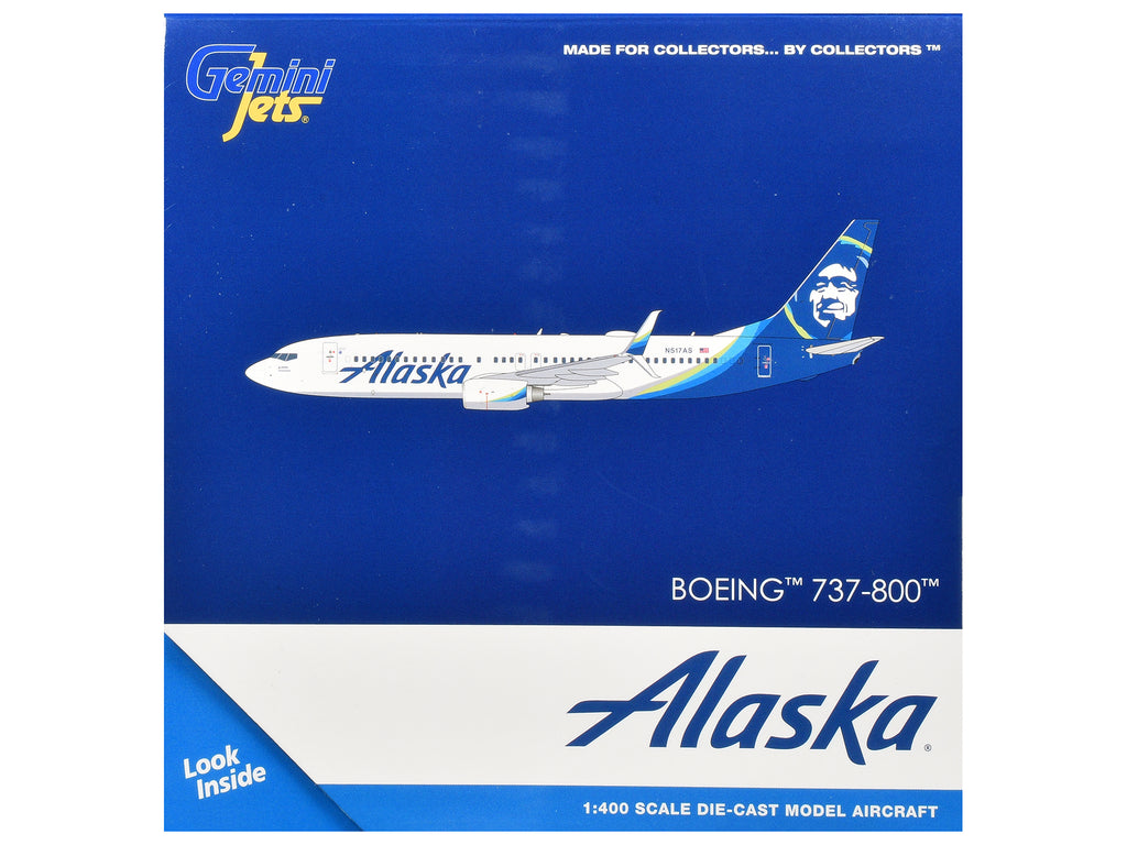 Boeing 737-800 Commercial Aircraft "Alaska Airlines" (N517AS) White with Blue Tail 1/400 Diecast Model Airplane by GeminiJets