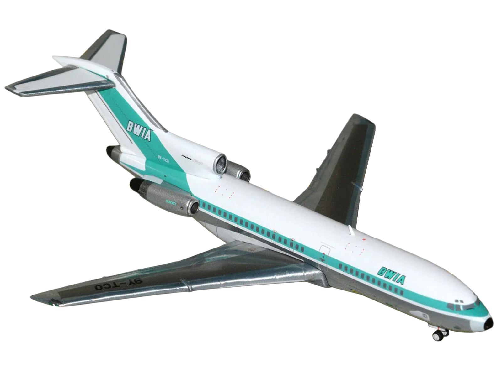Boeing 727-100 Commercial Aircraft "British West Indian Airways" (9Y-TCO) White with Light Green Stripes 1/400 Diecast Model Airplane by GeminiJets - image 2