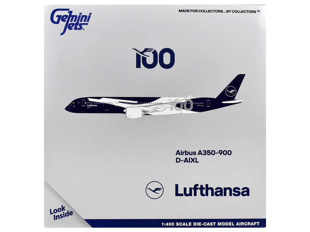 Airbus A350-900 Commercial Aircraft "Lufthansa 100th Anniversary" (D-AIXL) Dark Blue and White 1/400 Diecast Model Airplane by GeminiJets - image 3