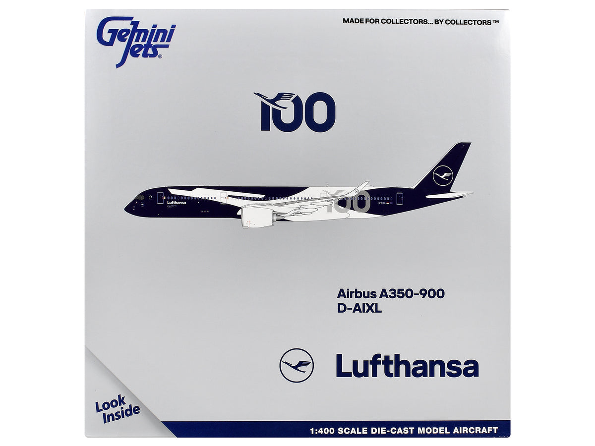 Airbus A350-900 Commercial Aircraft "Lufthansa 100th Anniversary" (D-AIXL) Dark Blue and White 1/400 Diecast Model Airplane by GeminiJets - image 3