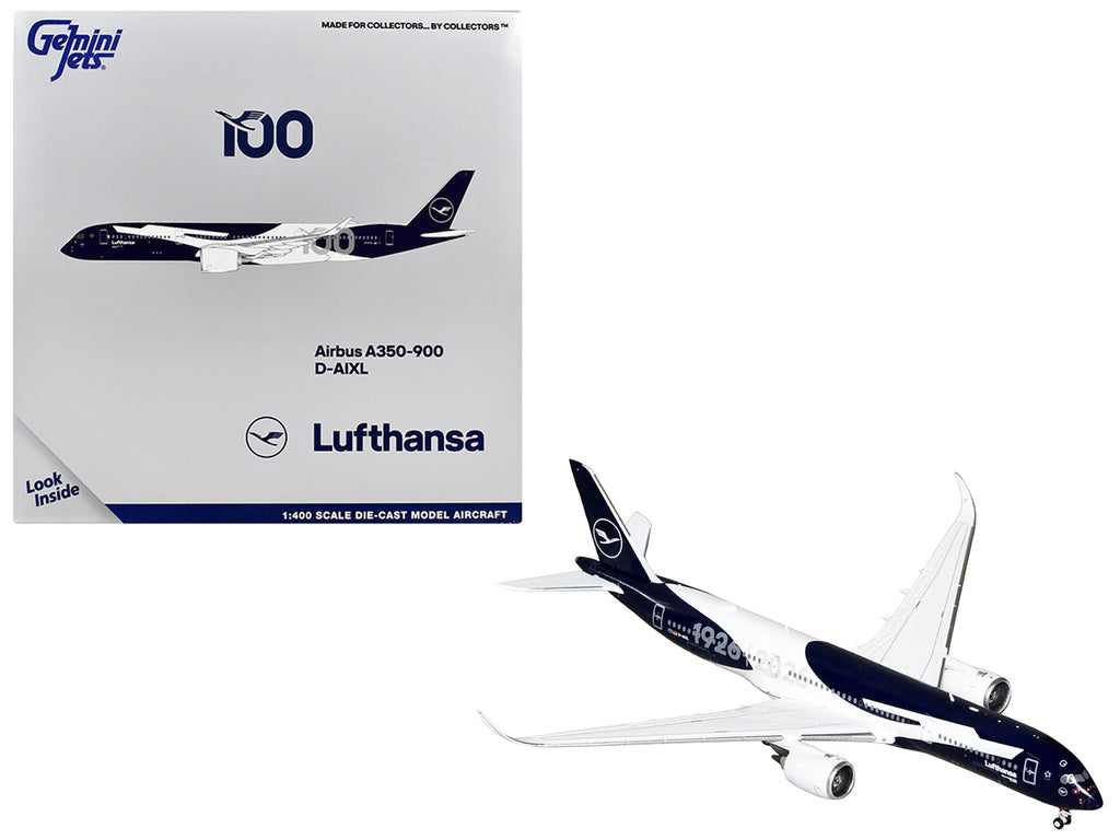 Airbus A350-900 Commercial Aircraft "Lufthansa 100th Anniversary" (D-AIXL) Dark Blue and White 1/400 Diecast Model Airplane by GeminiJets