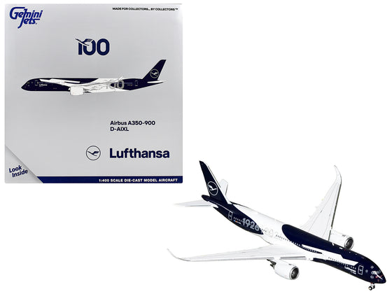 Airbus A350-900 Commercial Aircraft "Lufthansa 100th Anniversary" (D-AIXL) Dark Blue and White 1/400 Diecast Model Airplane by GeminiJets