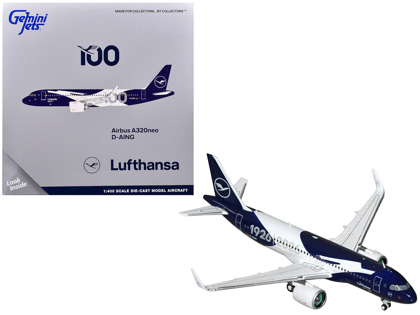 Airbus A320neo Commercial Aircraft "Lufthansa 100th Anniversary" (D-AING) White and Dark Blue 1/400 Diecast Model Airplane by GeminiJets