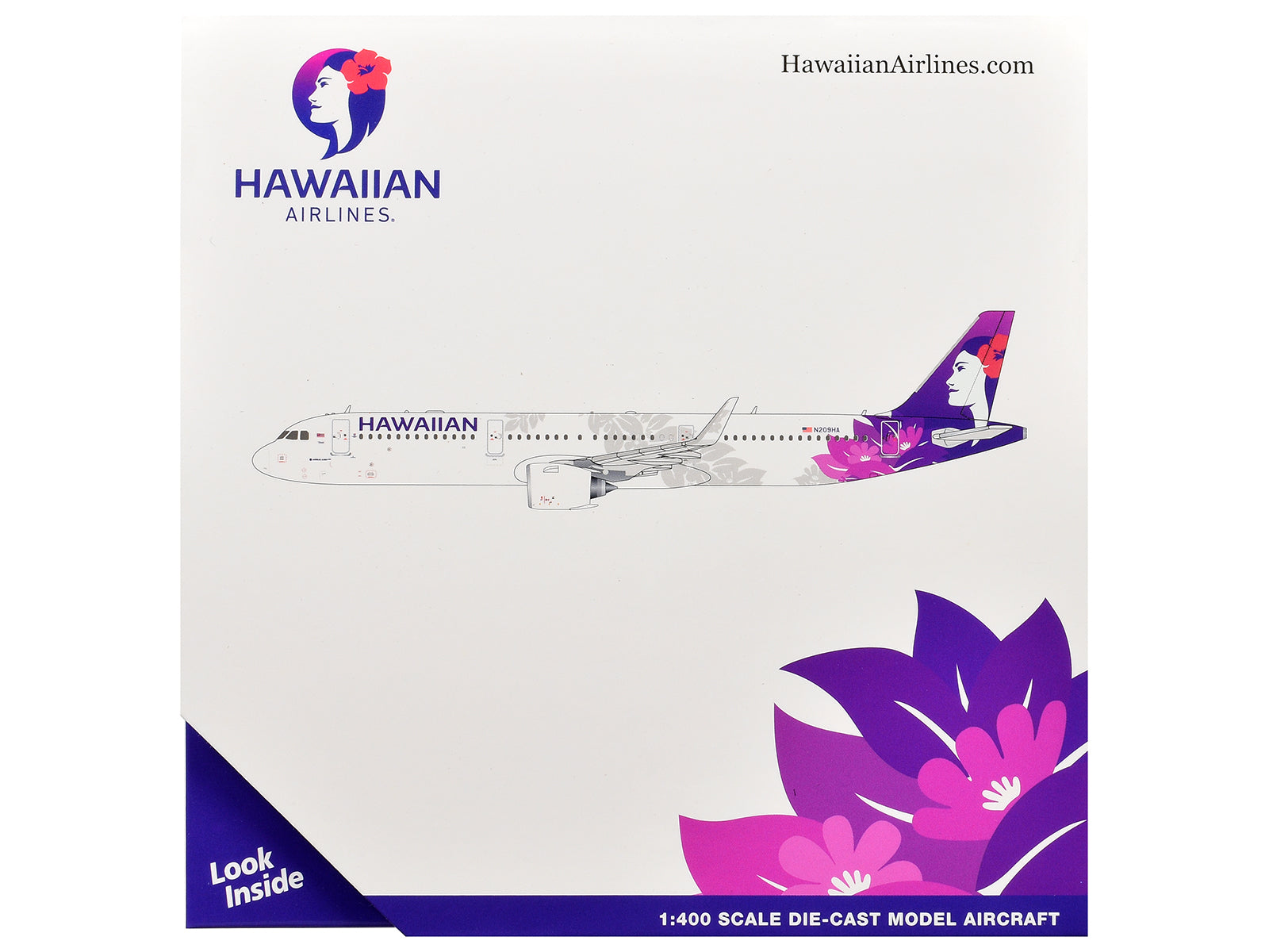 Airbus A321neo Commercial Aircraft "Hawaiian Airlines" (N209HA) White with Purple Tail Graphics 1/400 Diecast Model Airplane by GeminiJets - image 3