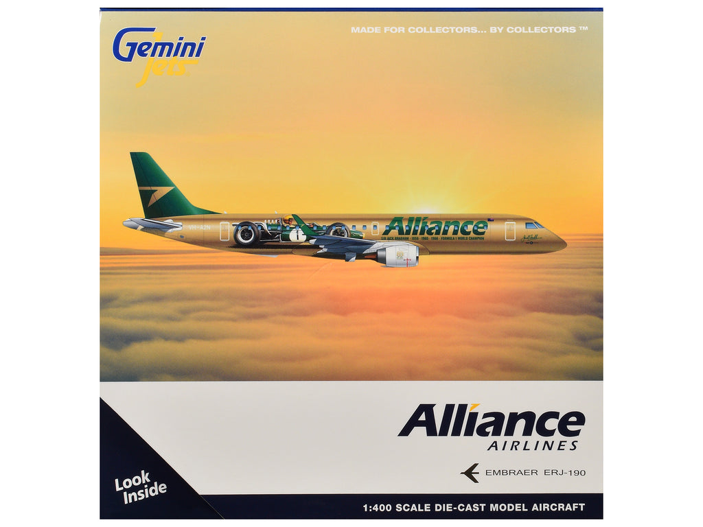Embraer ERJ-190 Commercial Aircraft "Alliance Airlines - Sir Jack Brabham" (N7620U) Gold Metallic with Graphics 1/400 Diecast Model Airplane by GeminiJets - image 3