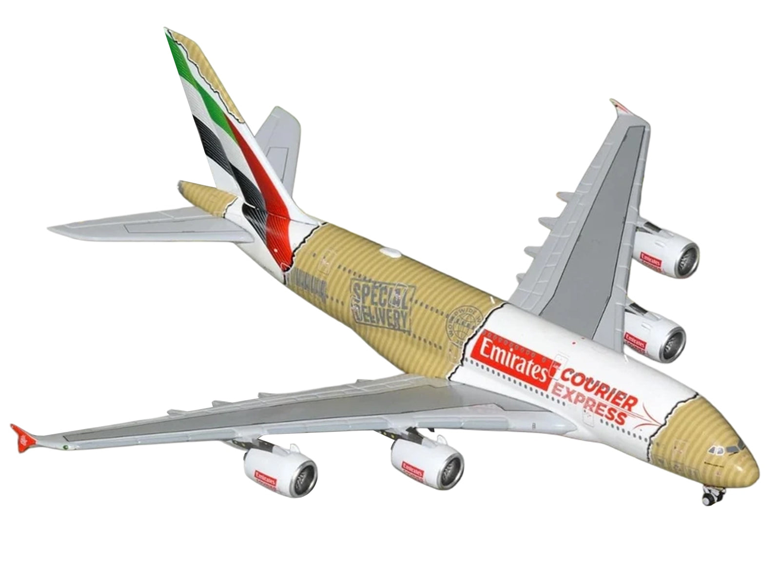 Airbus A380-800 Commercial Aircraft "Emirates Courier Express" (A6-EET) White with Tail Stripes and Package Graphics 1/400 Diecast Model Airplane by GeminiJets