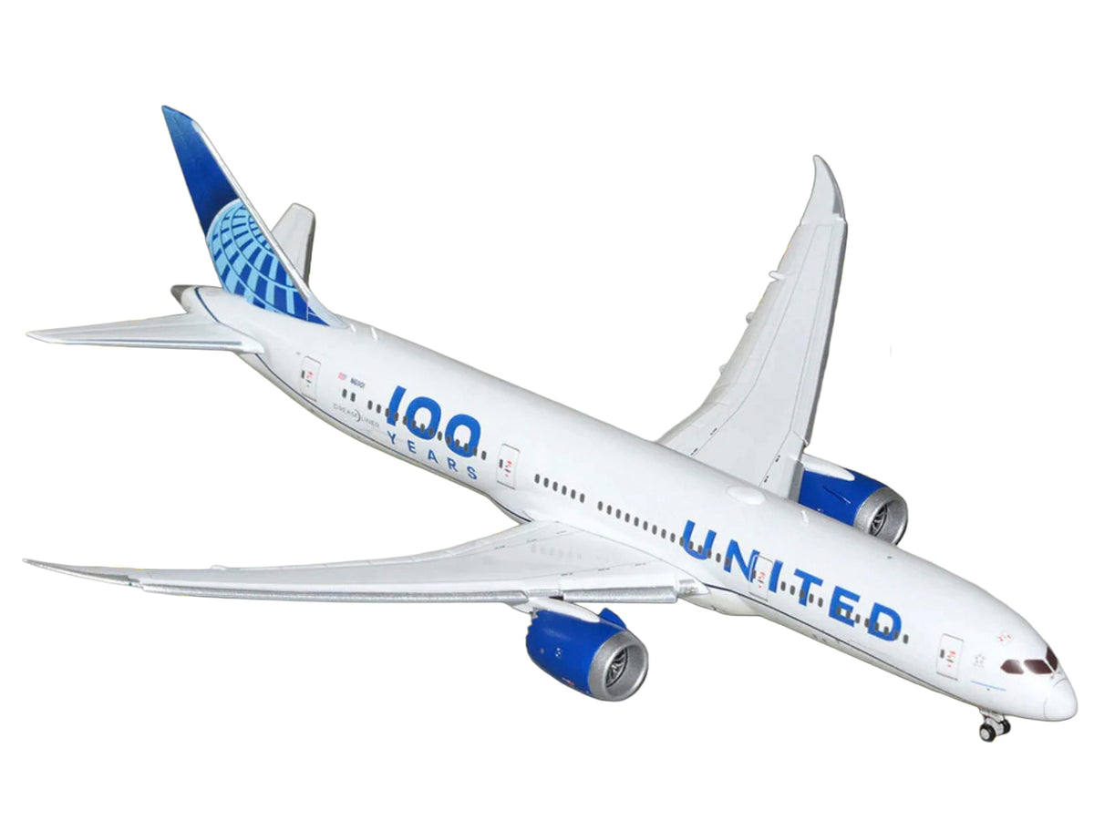 Boeing 787-9 Commercial Aircraft with Flaps Down "United Airlines 100 Years" (N61101) White with Graphics and Blue Tail 1/400 Diecast Model by GeminiJets - image 2