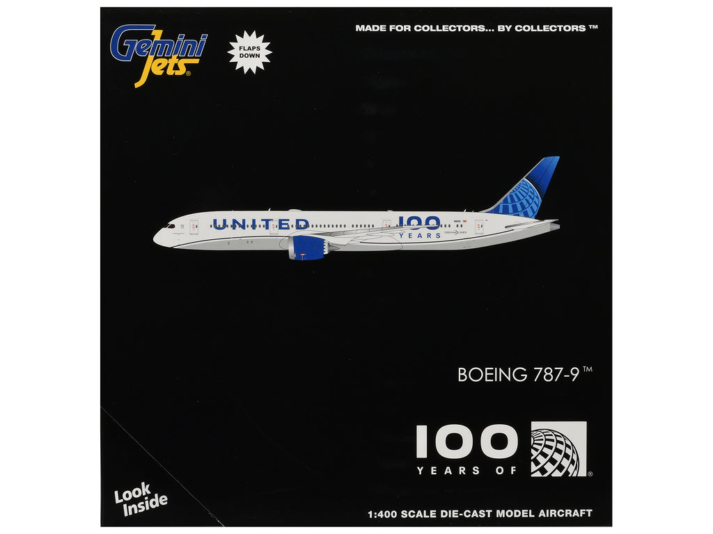 Boeing 787-9 Commercial Aircraft with Flaps Down "United Airlines 100 Years" (N61101) White with Graphics and Blue Tail 1/400 Diecast Model by GeminiJets - image 3