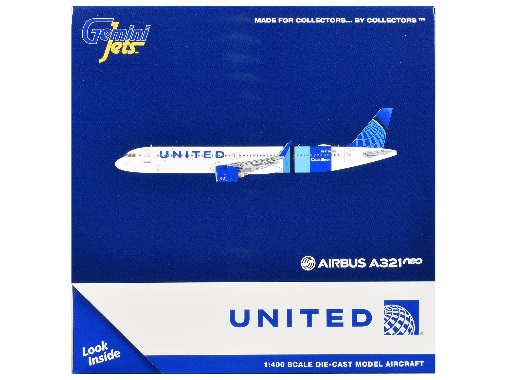 Airbus A321neo Commercial Aircraft "United Airlines Coastliner" (N94750) White with Blue Stripes and Tail 1/400 Diecast Model Airplane by GeminiJets