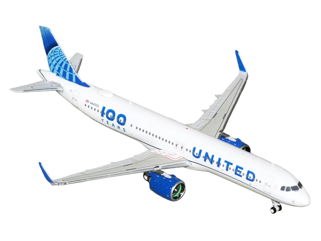 Airbus A321neo Commercial Aircraft "United Airlines 100 Years" (N44550) White with Blue Tail 1/400 Diecast Model Airplane by GeminiJets