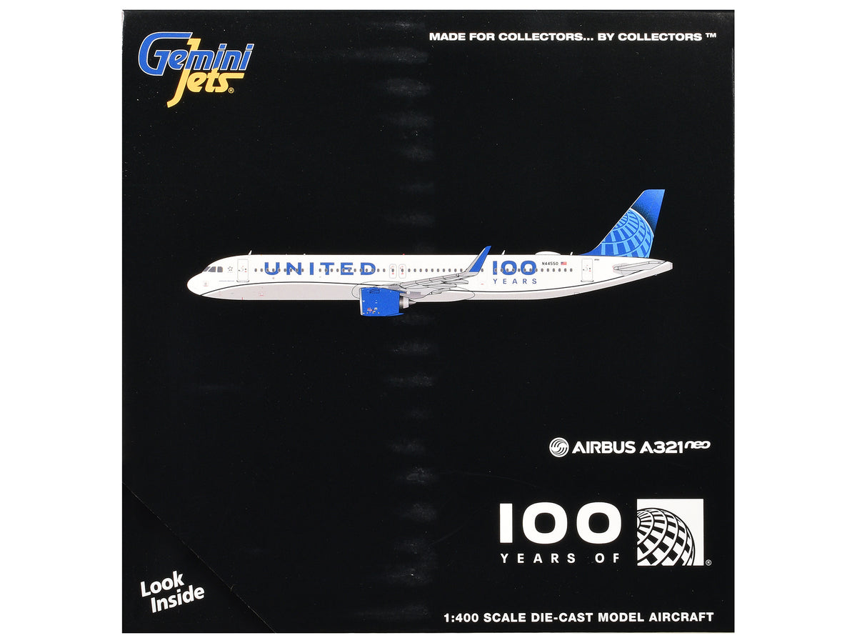 Airbus A321neo Commercial Aircraft "United Airlines 100 Years" (N44550) White with Blue Tail 1/400 Diecast Model Airplane by GeminiJets