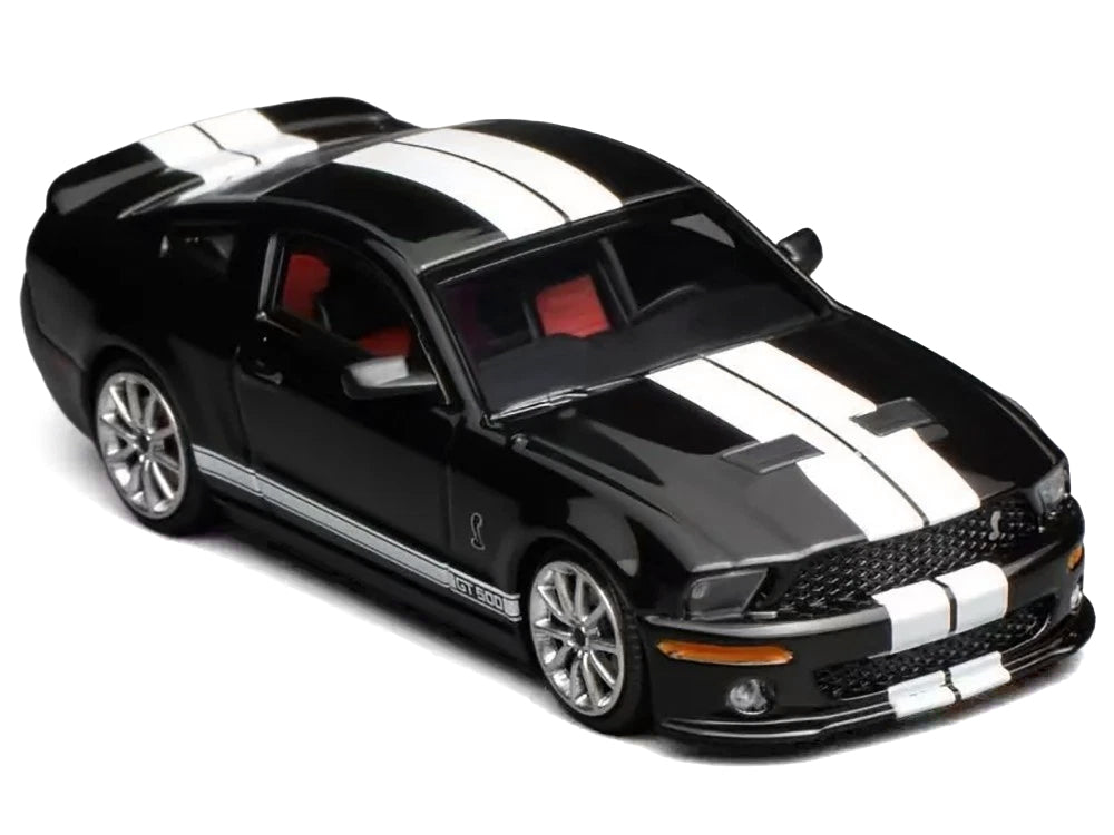 2007 Ford Mustang Shelby GT500 Ebony Black with White Stripes 1/64 Diecast Model Car by MotorHelix & Greenlight - image 4