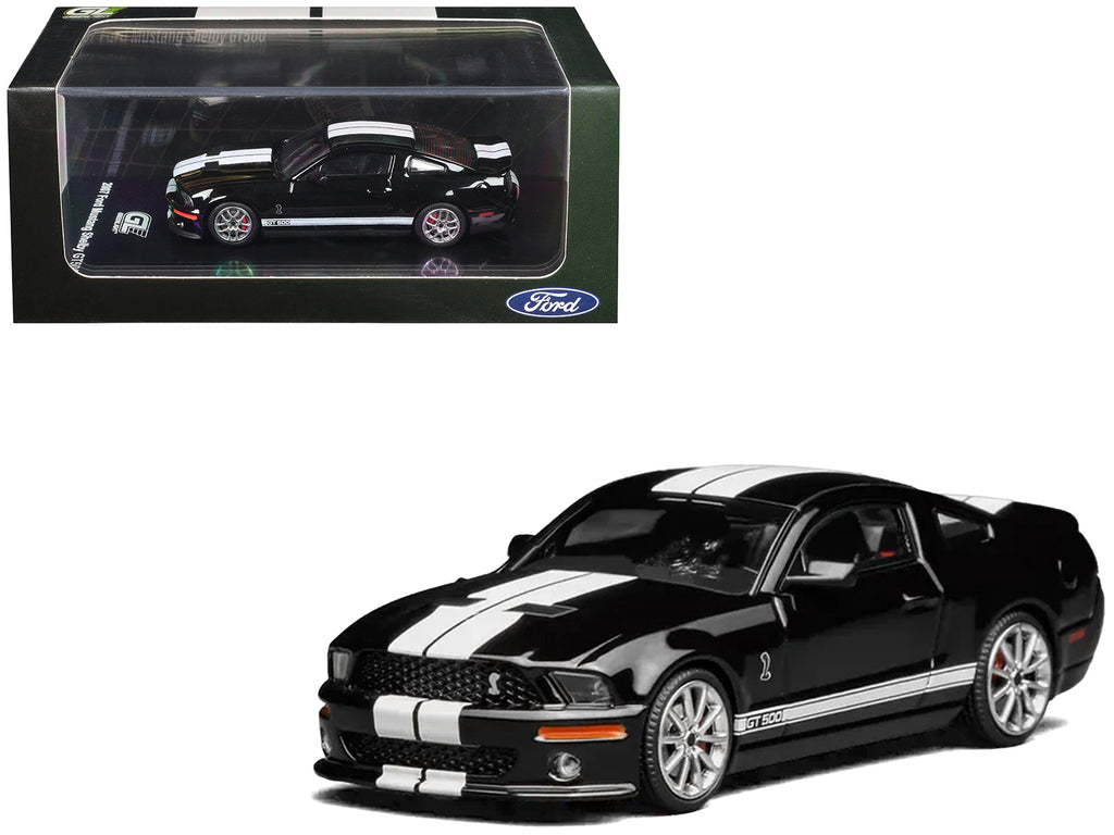 2007 Ford Mustang Shelby GT500 Ebony Black with White Stripes 1/64 Diecast Model Car by MotorHelix & Greenlight