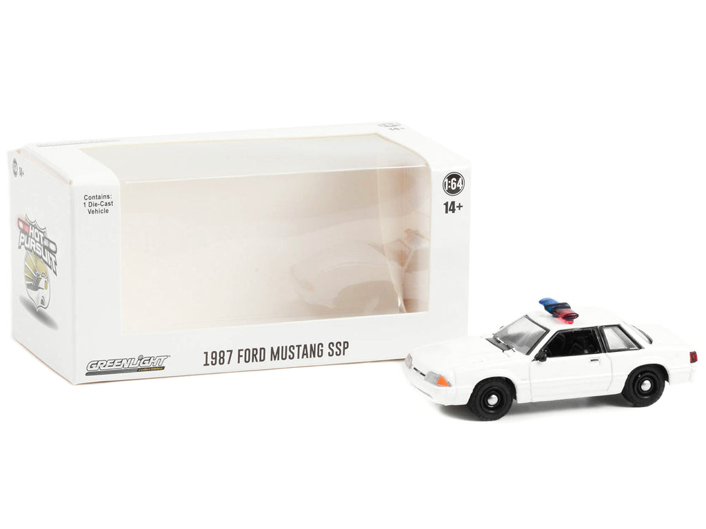 1987-1993 Ford Mustang SSP White Police Car with Light Bar "Hot Pursuit" "Hobby Exclusive" Series 1/64 Diecast Model Car by Greenlight - image 2