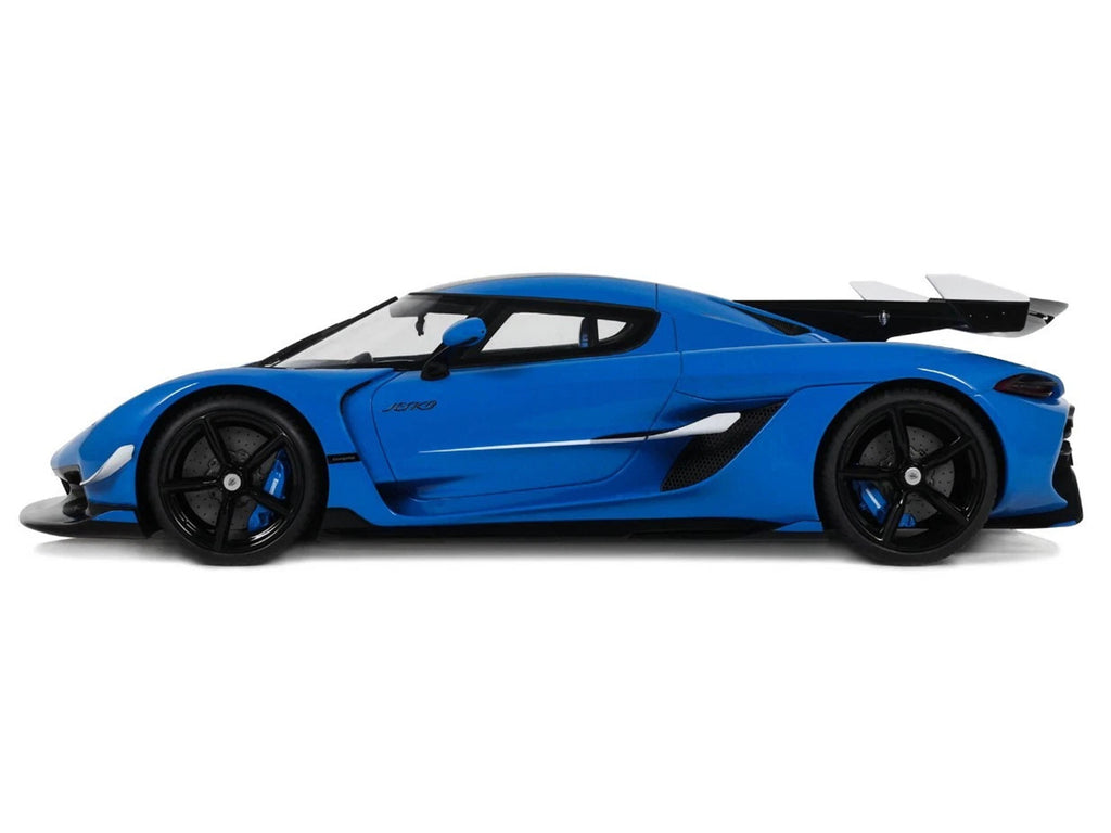 2025 Koenigsegg Jesko Blue Metallic with Black Stripes 1/18 Model Car by GT Spirit